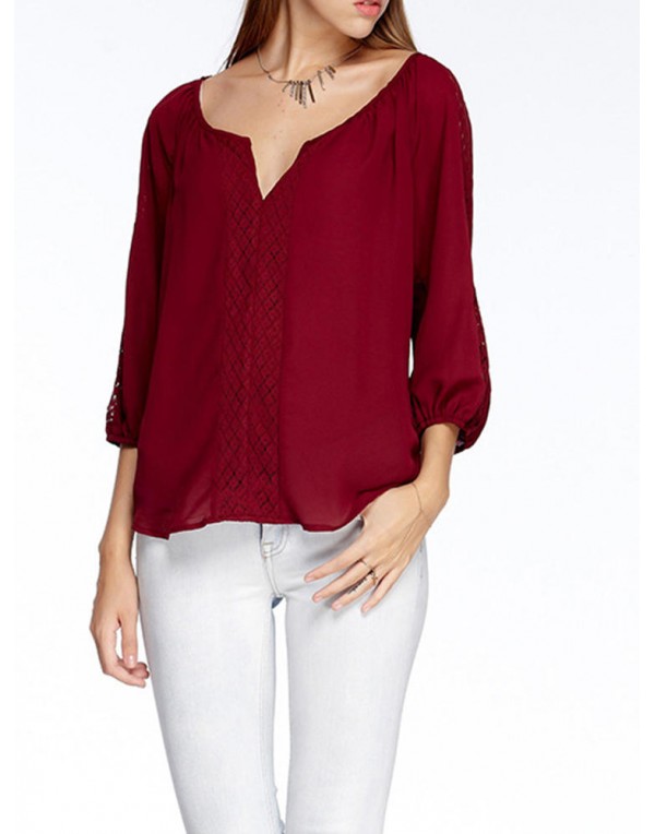 Casual Women Hollow 3/4 Sleeve V-Neck Blouse