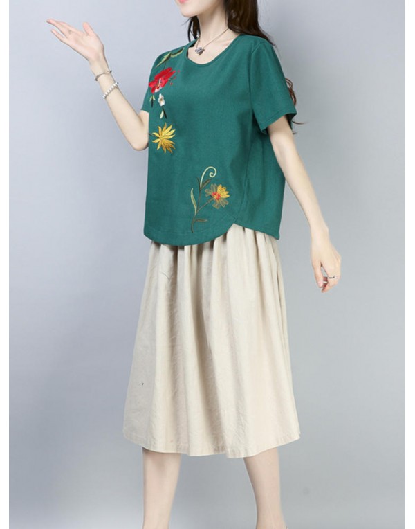 Casual Loose Embroidered O-Neck Short Sleeve Blouse for Women