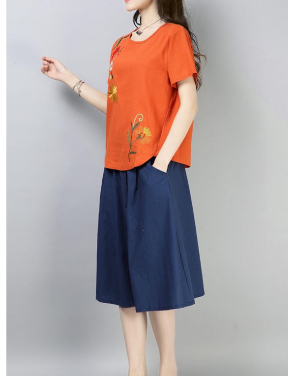 Casual Loose Embroidered O-Neck Short Sleeve Blouse for Women