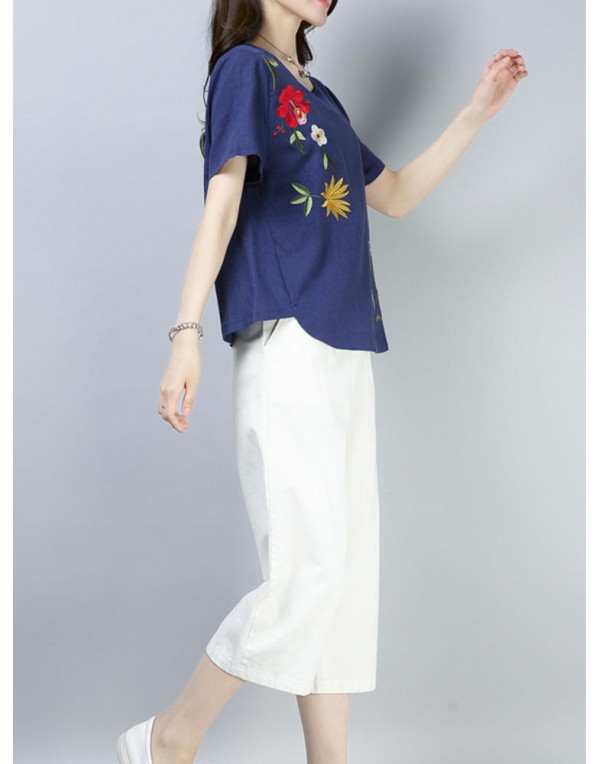 Casual Loose Embroidered O-Neck Short Sleeve Blouse for Women