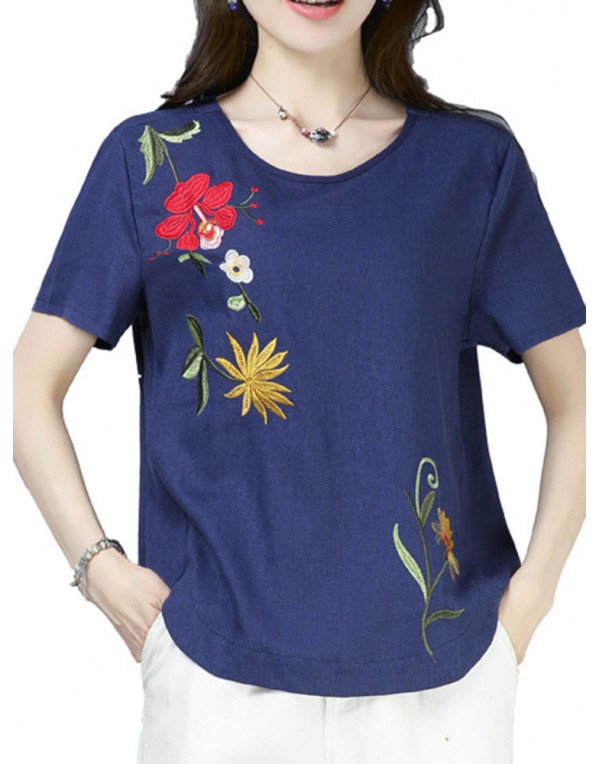 Casual Loose Embroidered O-Neck Short Sleeve Blouse for Women