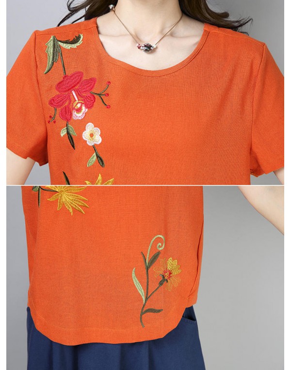 Casual Loose Embroidered O-Neck Short Sleeve Blouse for Women