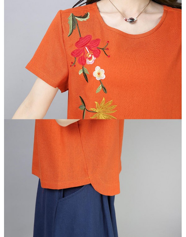 Casual Loose Embroidered O-Neck Short Sleeve Blouse for Women