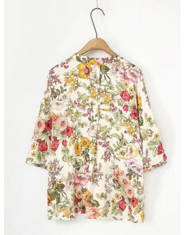 Casual Women Floral Print V-neck 3/4 Sleeve Asymme...