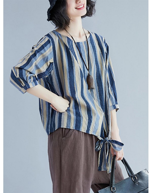 Casual Women Cotton Striped Long Sleeve Shirt Blouse