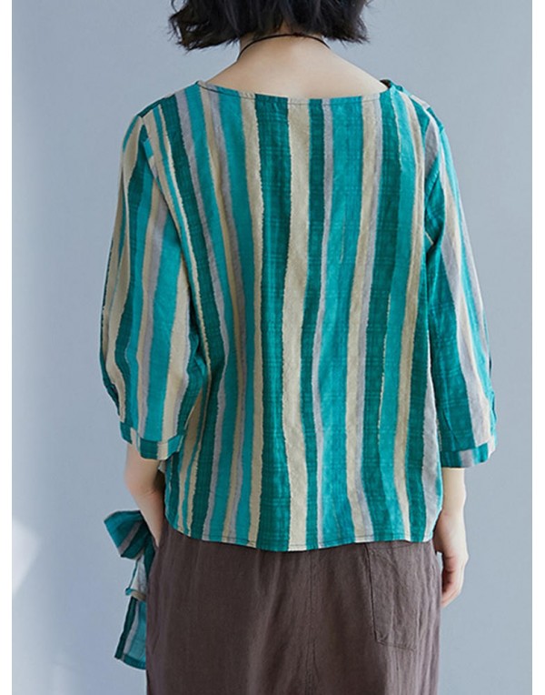 Casual Women Cotton Striped Long Sleeve Shirt Blouse