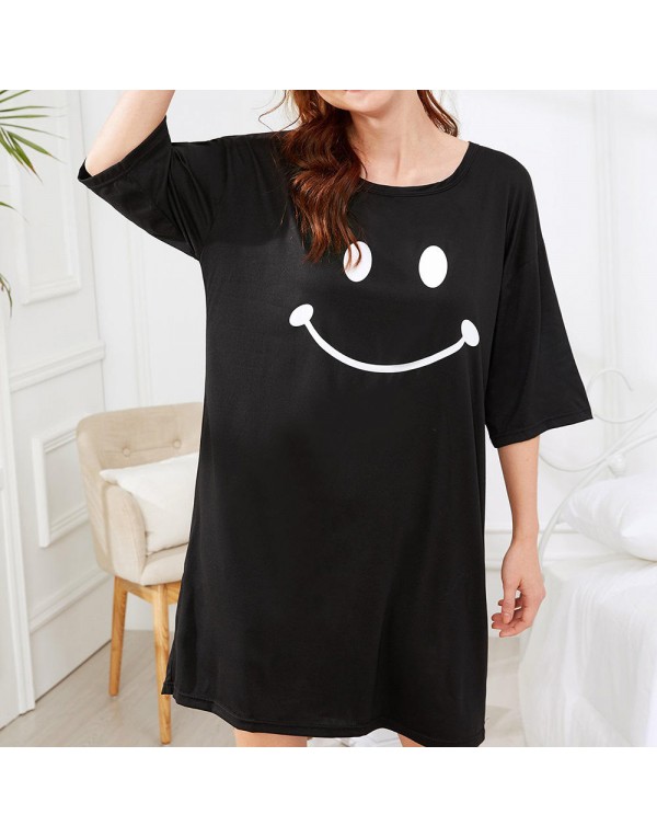 Milk Silk Women Loose Smile Printing Comfortable Pajamas Maternity Dress