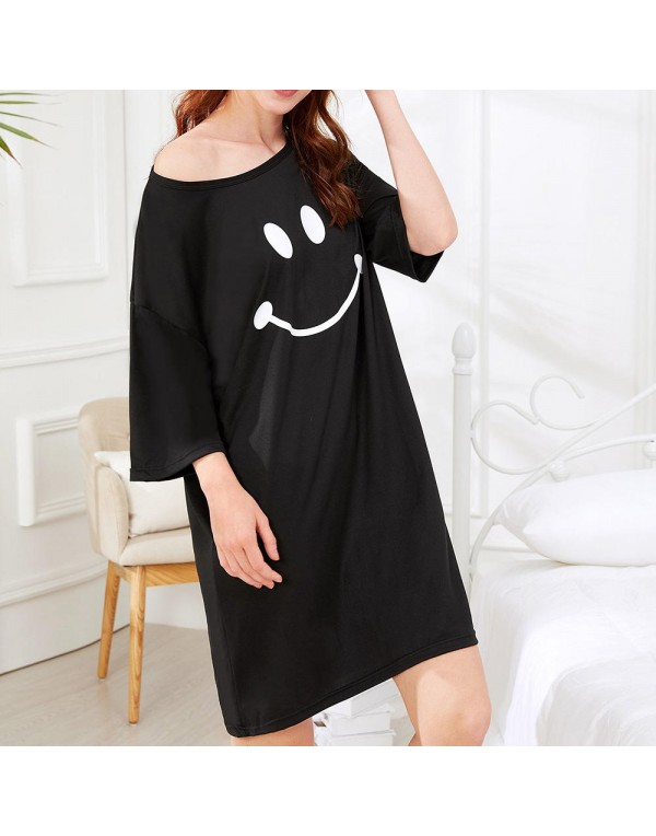 Milk Silk Women Loose Smile Printing Comfortable Pajamas Maternity Dress