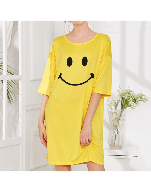 Milk Silk Women Loose Smile Printing Comfortable Pajamas Maternity Dress