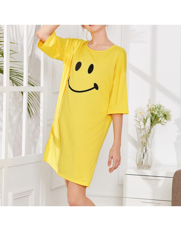 Milk Silk Women Loose Smile Printing Comfortable Pajamas Maternity Dress