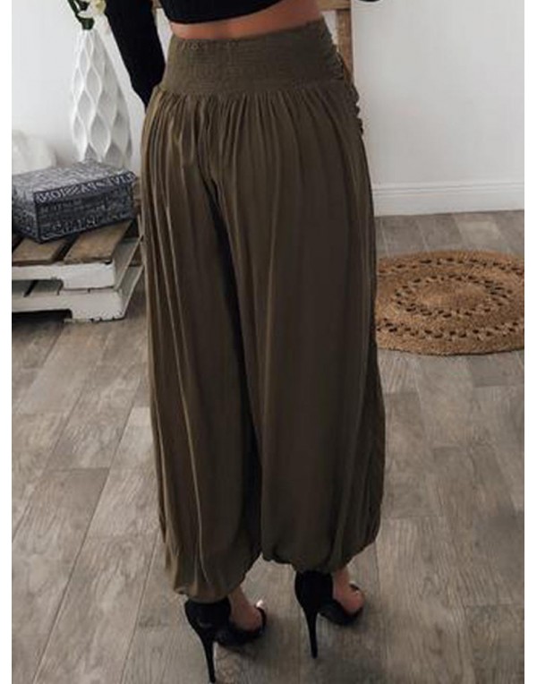 Women Pure Color High Elastic Waist Loose Pleated ...