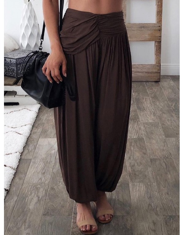 Women Pure Color High Elastic Waist Loose Pleated Pants