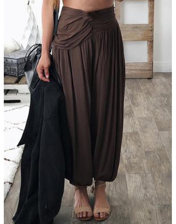 Women Pure Color High Elastic Waist Loose Pleated Pants