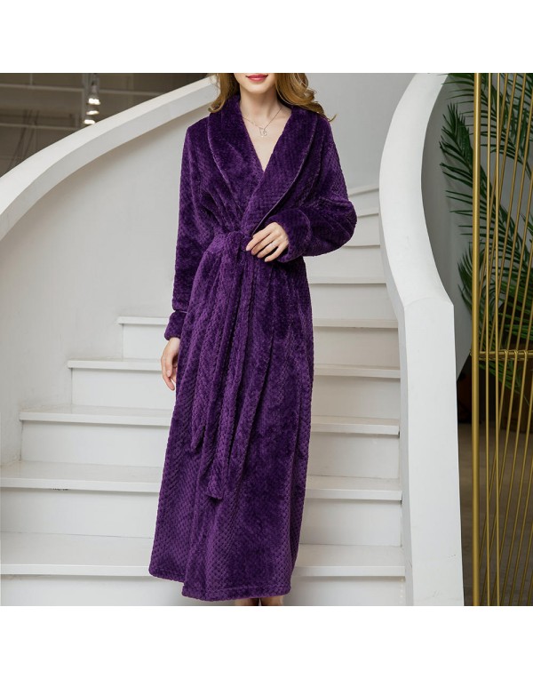 Plus Size Long Sleeve Bathrobe Flannel Thicken Nightgown Sleepwear