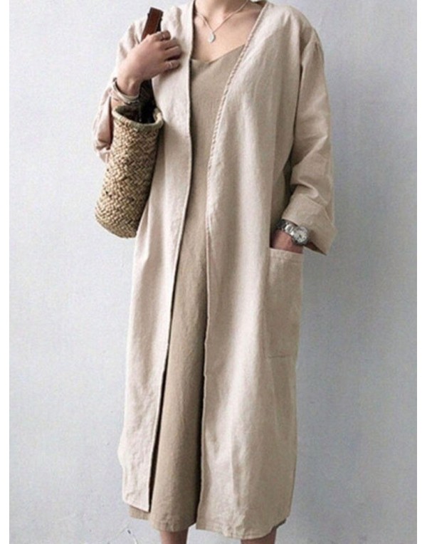 Retro Women Solid Color Casual Cotton Long Cardigans with Pockets