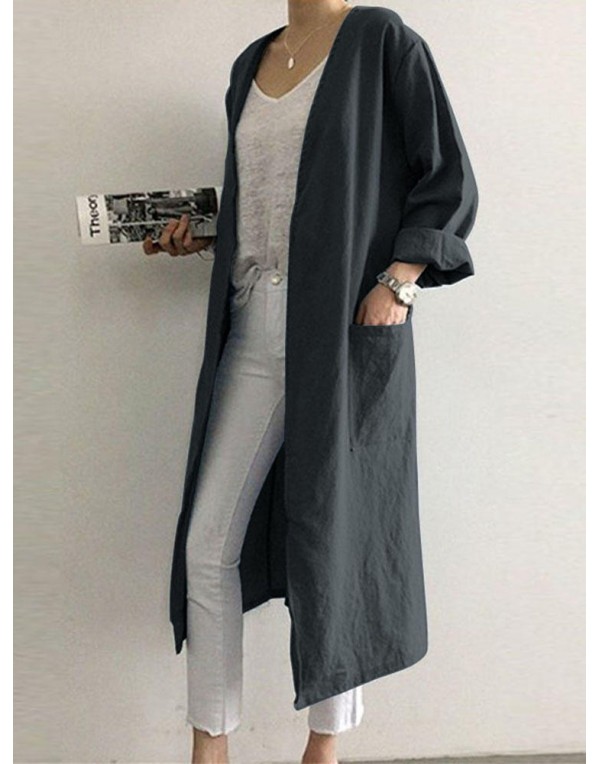 Retro Women Solid Color Casual Cotton Long Cardigans with Pockets