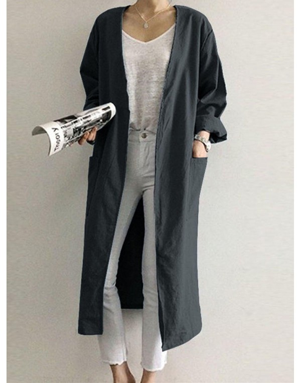 Retro Women Solid Color Casual Cotton Long Cardigans with Pockets