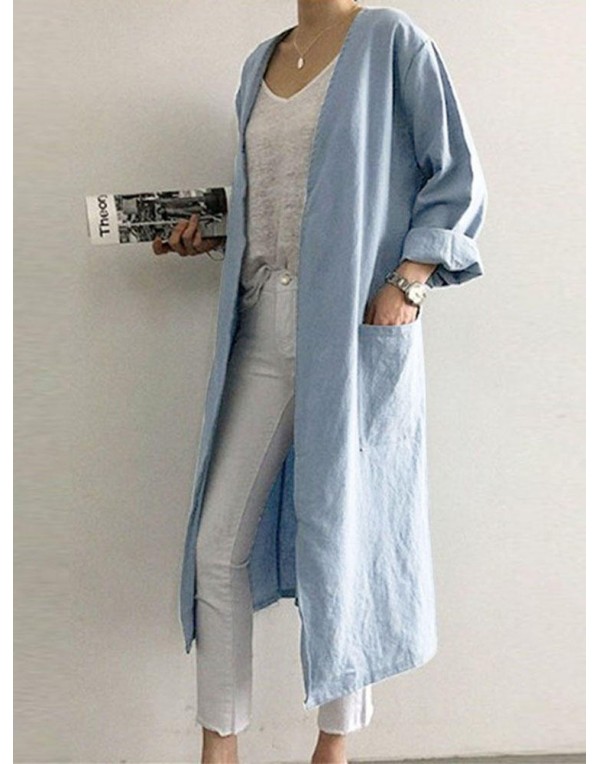 Retro Women Solid Color Casual Cotton Long Cardigans with Pockets