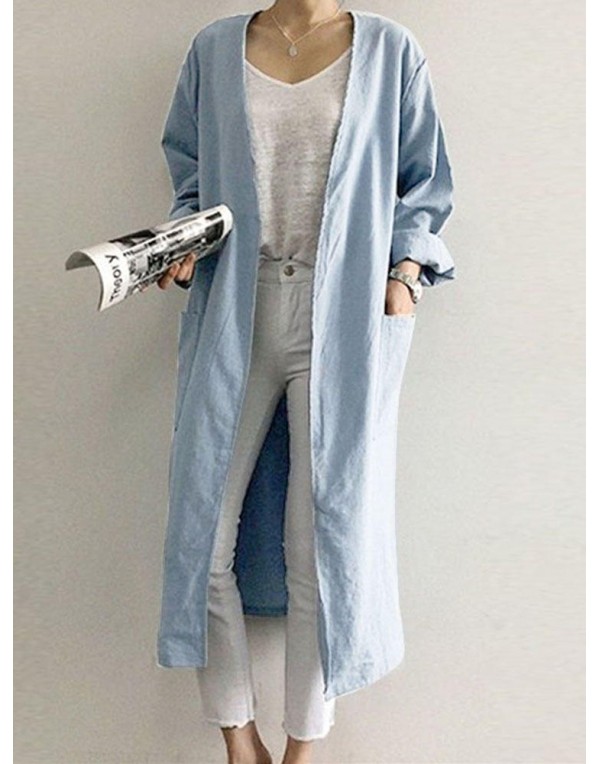 Retro Women Solid Color Casual Cotton Long Cardigans with Pockets