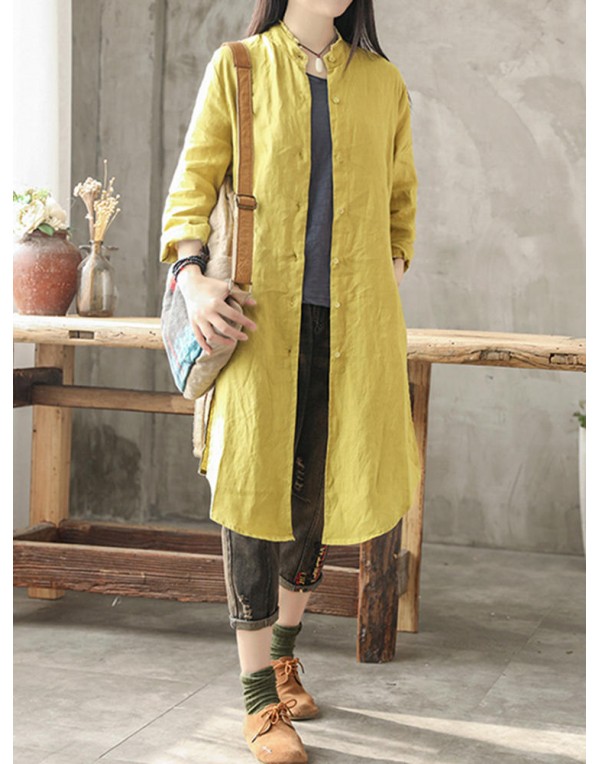 Casual Women Cotton Loose Solid Color Button Long ...