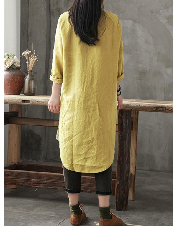 Casual Women Cotton Loose Solid Color Button Long Blouse