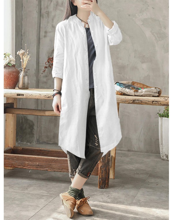 Casual Women Cotton Loose Solid Color Button Long Blouse