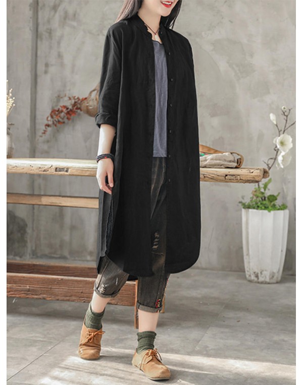 Casual Women Cotton Loose Solid Color Button Long Blouse