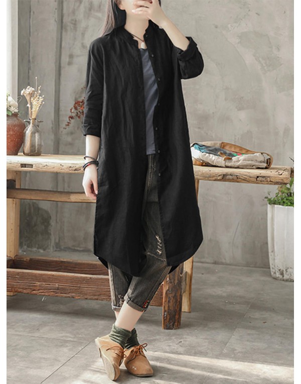 Casual Women Cotton Loose Solid Color Button Long Blouse