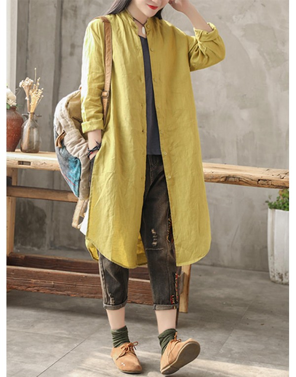 Casual Women Cotton Loose Solid Color Button Long Blouse