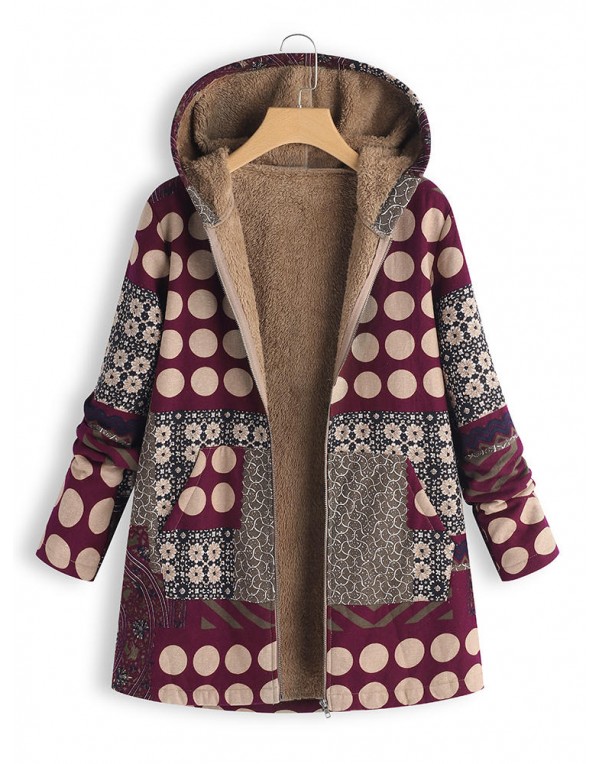 Women Polka Dot Print Fleece Thicken Hooded Vintage Coats