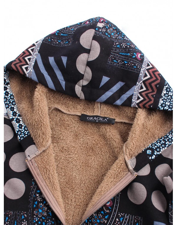 Women Polka Dot Print Fleece Thicken Hooded Vintage Coats