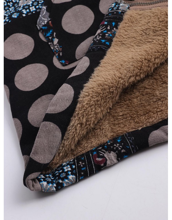 Women Polka Dot Print Fleece Thicken Hooded Vintage Coats