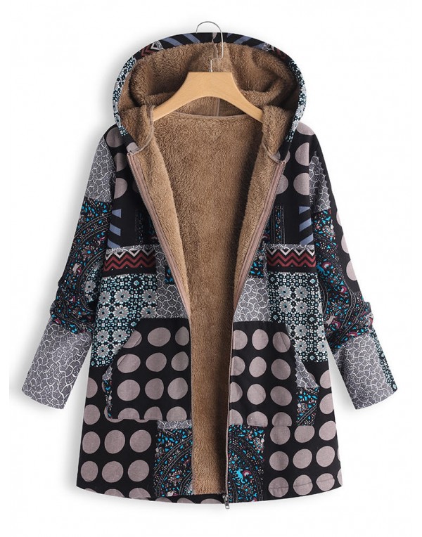 Women Polka Dot Print Fleece Thicken Hooded Vintage Coats