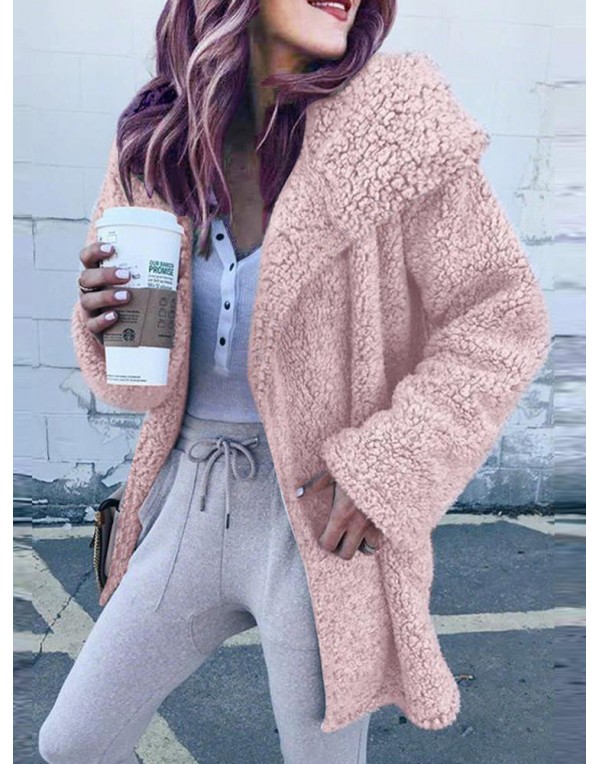 Casual Women Solid Color Fleece Outerwear Long Sleeve Coats