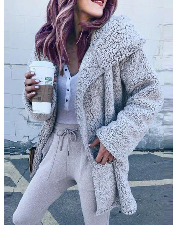 Casual Women Solid Color Fleece Outerwear Long Sleeve Coats