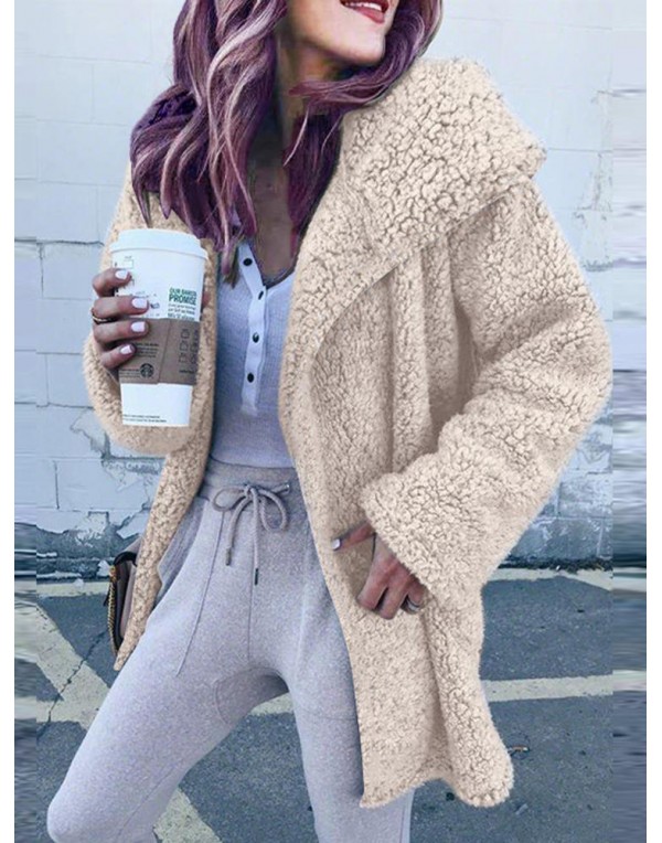 Casual Women Solid Color Fleece Outerwear Long Sleeve Coats