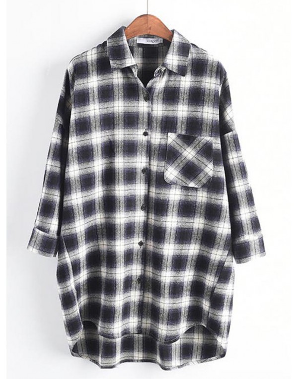 Casual Women Cotton Plaid Irregular Hem Long Sleev...