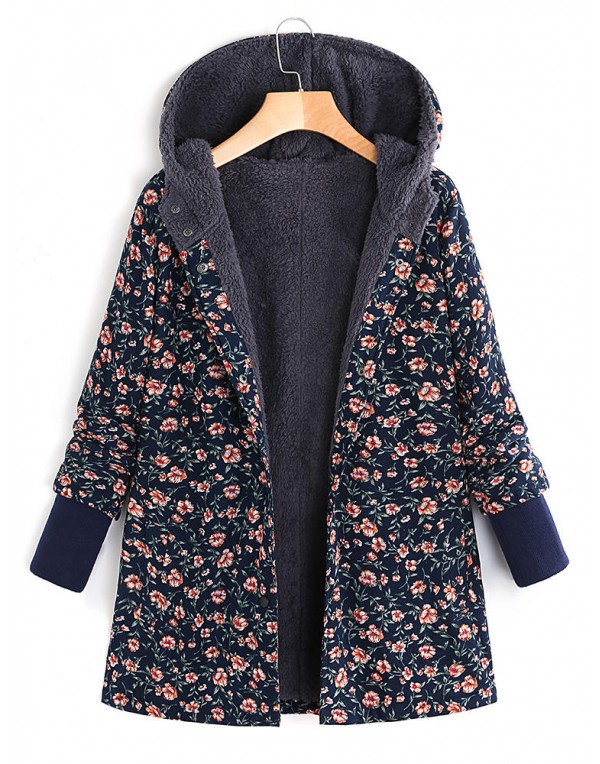 Floral Print Women Hooded Fleece Long Sleeve Autumn Winter Coats