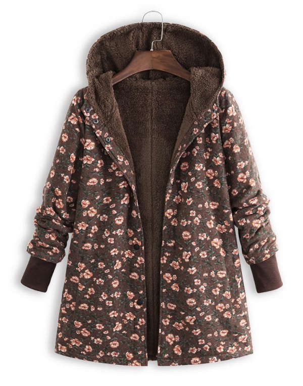 Floral Print Women Hooded Fleece Long Sleeve Autumn Winter Coats