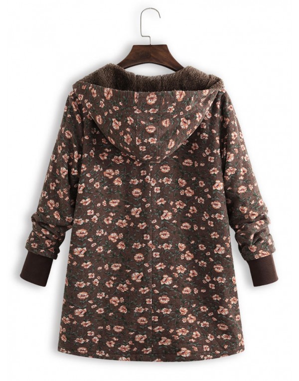 Floral Print Women Hooded Fleece Long Sleeve Autumn Winter Coats