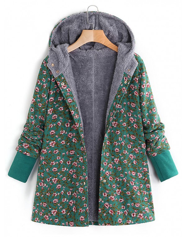 Floral Print Women Hooded Fleece Long Sleeve Autumn Winter Coats