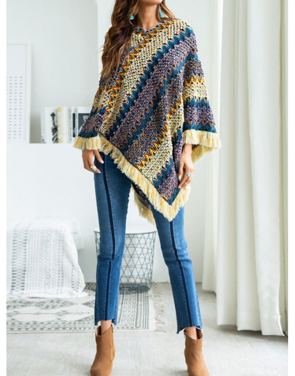 Autumn Winter Patchwork Clock Knit Pullover Tassel Sweater Coats