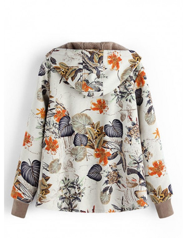 Women Floral Print Thicken Long Sleeve Hooded Vint...