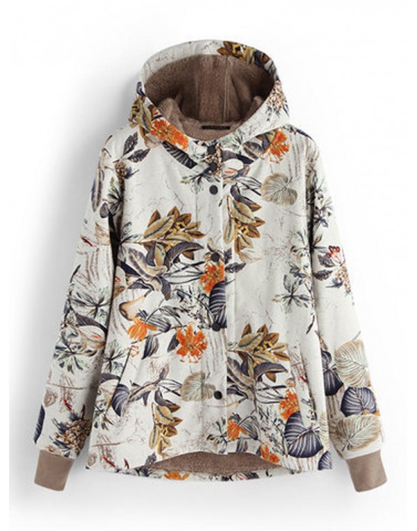 Women Floral Print Thicken Long Sleeve Hooded Vintage Coats with Pockets