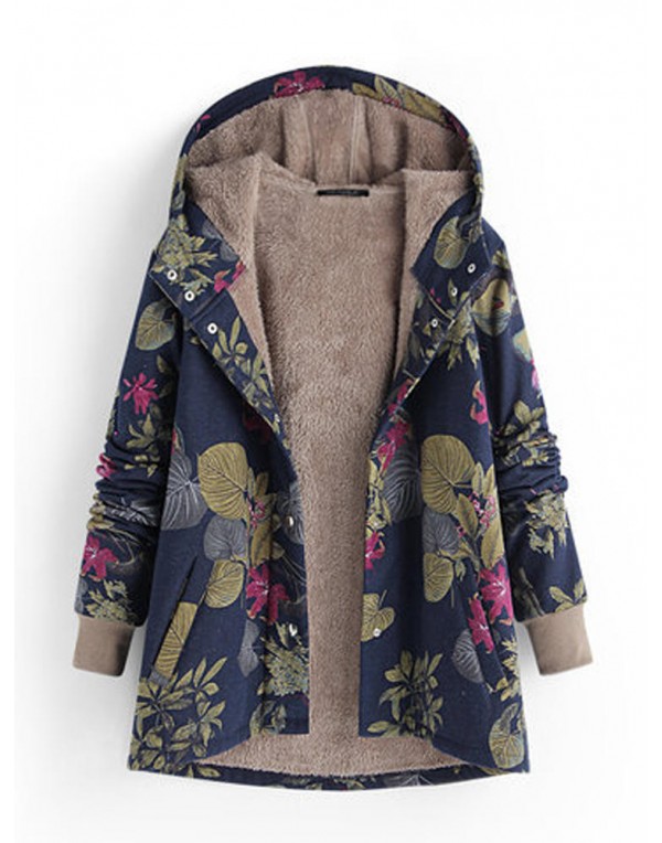 Women Floral Print Thicken Long Sleeve Hooded Vintage Coats with Pockets