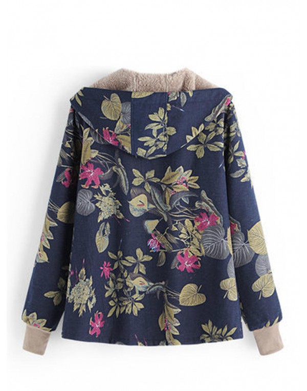 Women Floral Print Thicken Long Sleeve Hooded Vintage Coats with Pockets