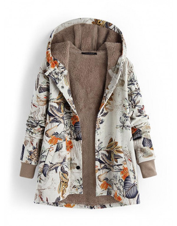 Women Floral Print Thicken Long Sleeve Hooded Vintage Coats with Pockets