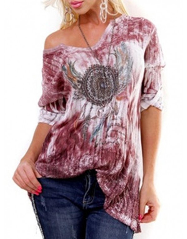 Casual Women Gradient Print V-Neck Long Sleeve T-Shirts