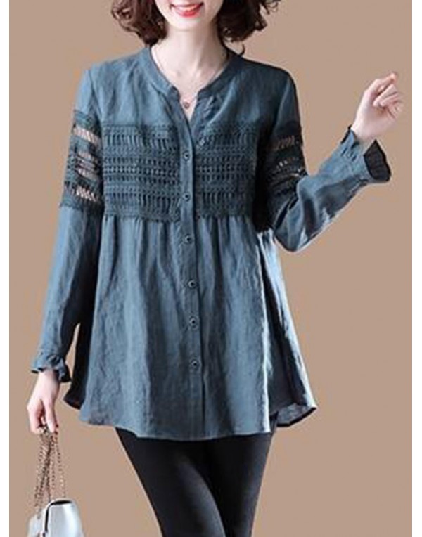 Women Lace Patchwork Button Loose Casual Shirts