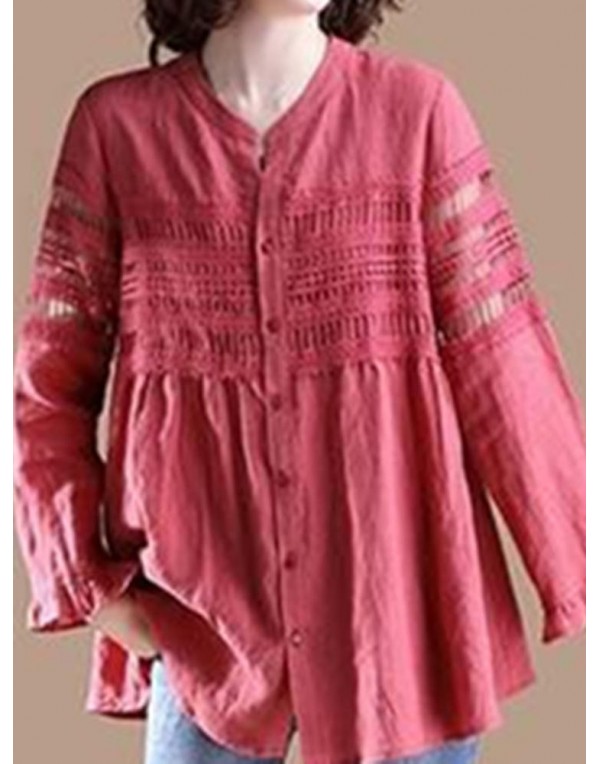 Women Lace Patchwork Button Loose Casual Shirts